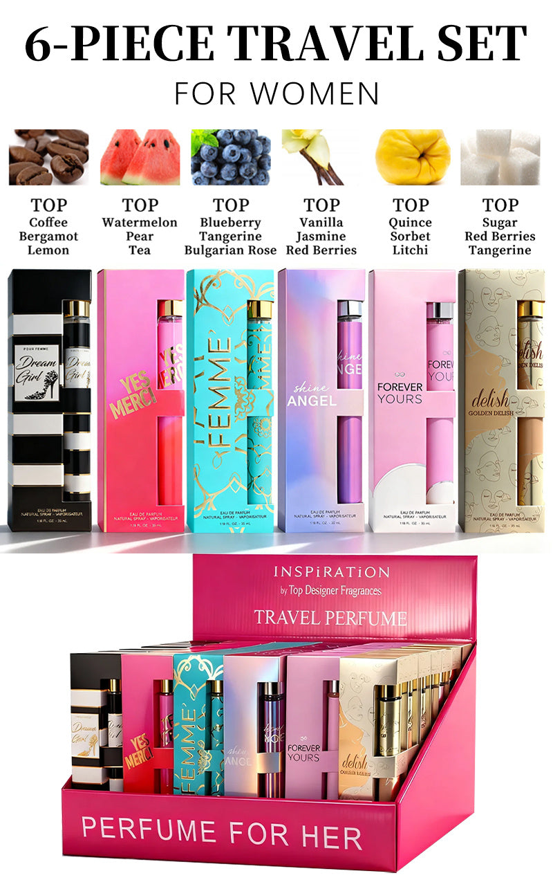 6-Piece Travel Set, Women's Eau De Parfuma Spray, Long Lasting Fragrance, 6 Different Flavor, Perfect For Holiday Gifts, Dating, Daily Life, Parties, 1.18 Fl Oz/bottle