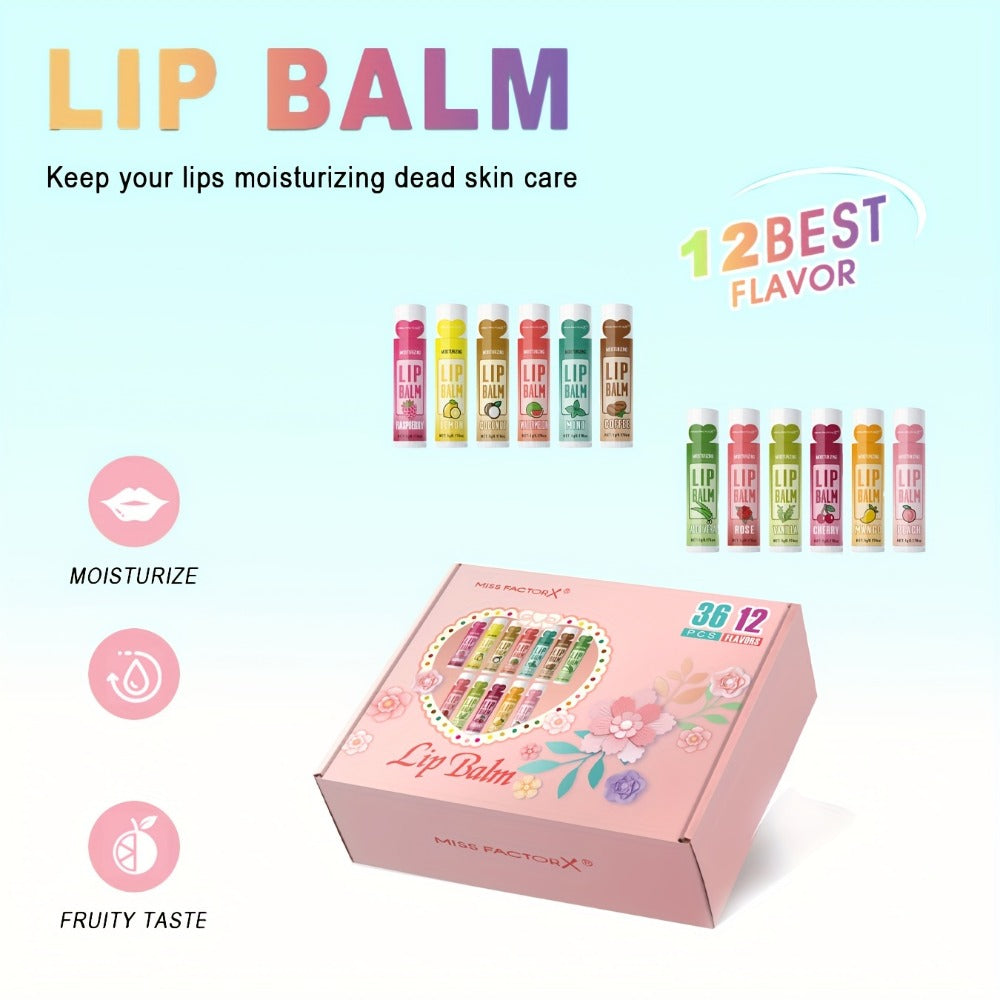 Lip Balm Set 36 Pcs Moisturizing Tinted Lip Butter with Jojoba Oil 12 Flavors Natural Hydrating Lip Care for Dry Lips Adults Gift Box