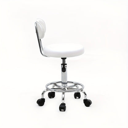 Salon Stool with Back Adjustable Height 360° Swivel - PU Leather Round Seat Chair for Salon, Barber, Spa, Home & Office Use, White