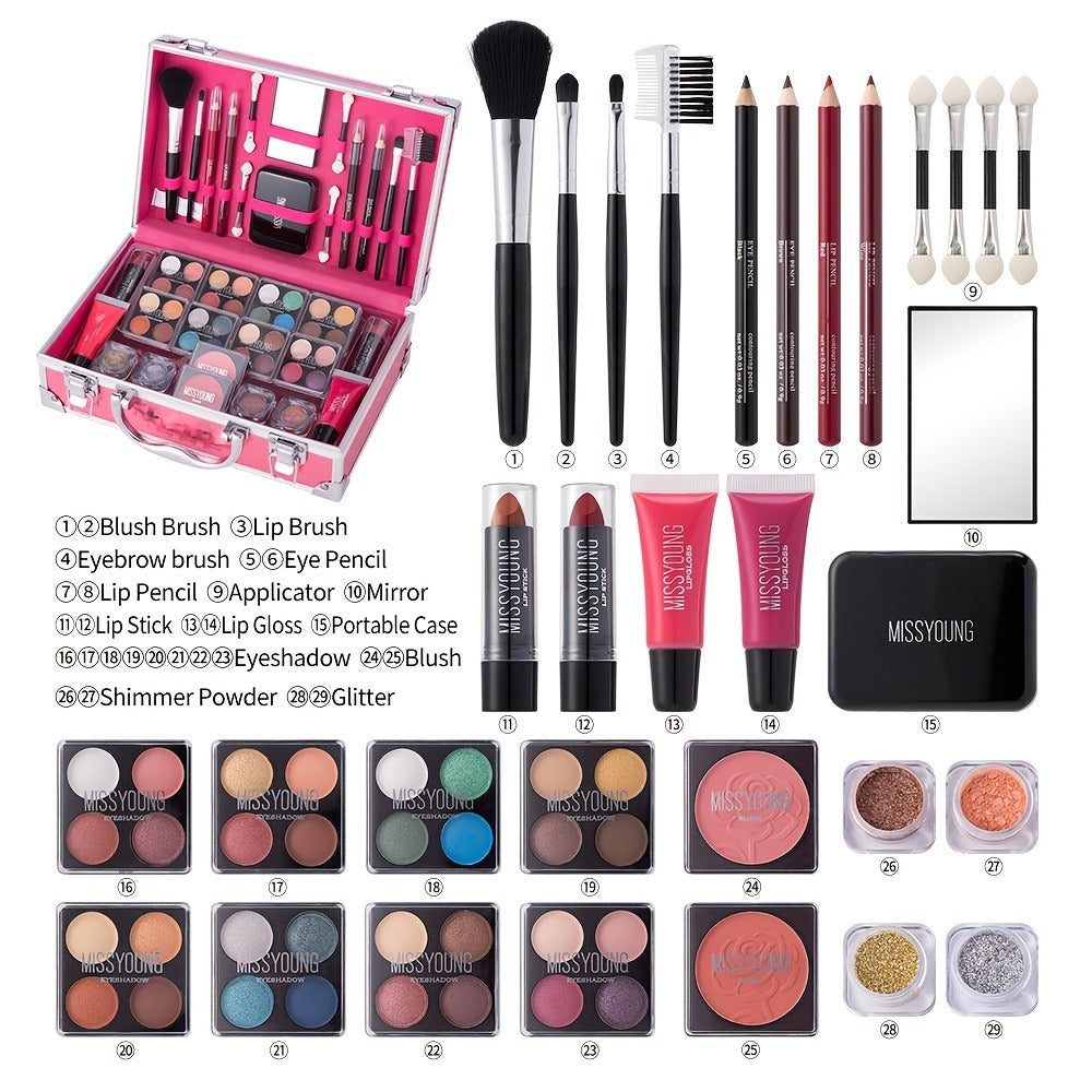 Makeup Set 56pcs Professional Full Face Kit Eyeshadow Lipstick Blush Lip Gloss Eyebrow Pencil Glitter Powder Brushes for Beginners Wedding Stage Holiday Gift