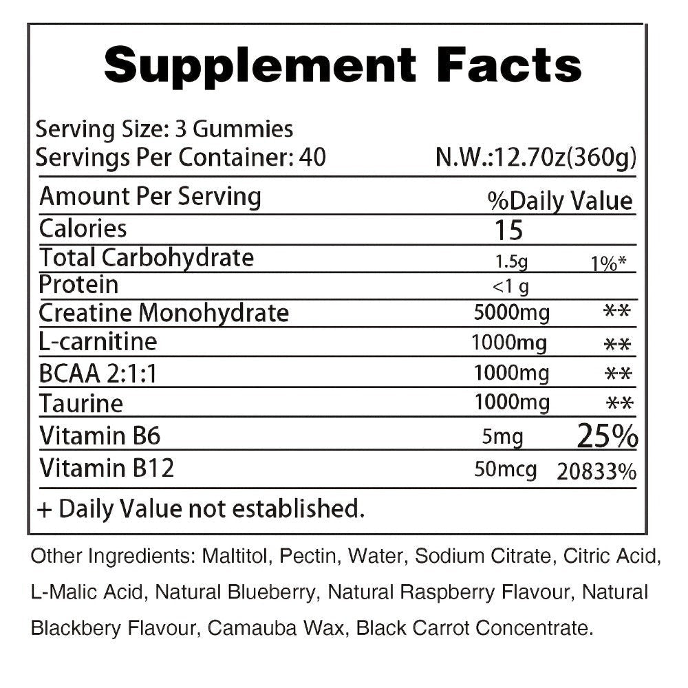 [Yeah Buddy] 8000mg Creatine Monohydrate Blueberry Gummies | with L-Taurine, with BCAA, Vitamin B6 & B12, for Men & Women, 120 Count