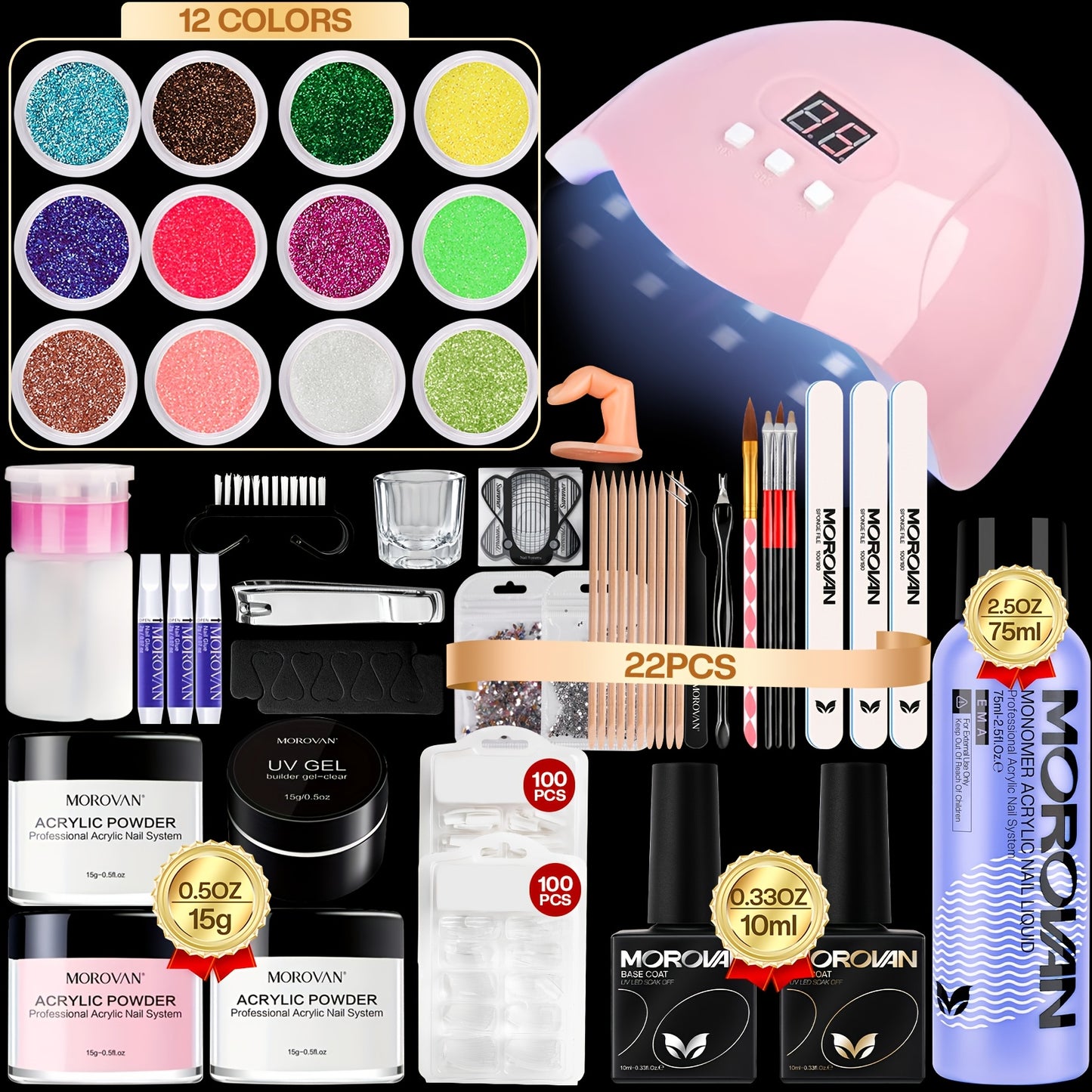 Acrylic Nail Kit with Lamp - Pink Clear White Acrylic Powder 12 Glitter Colors Nail Clippers & Polish - Complete All-in-One Manicure Set for Nail Technicians & Beginners