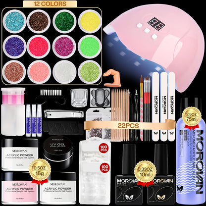 Acrylic Nail Kit with Lamp - Pink Clear White Acrylic Powder 12 Glitter Colors Nail Clippers & Polish - Complete All-in-One Manicure Set for Nail Technicians & Beginners