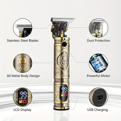 Professional Hair Clippers & Trimmer Set for Men — T-Blade Trimmer, Nose Hair Trimmer, Electric Razor, LCD Display, USB Rechargeable, Zinc Alloy Body, Ergonomic Grooming Kit