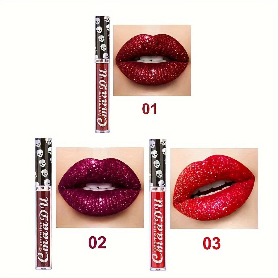 Shimmer Lip Gloss Set 3pcs Skull Design Long Lasting Liquid Lipstick Easy to Remove - Shiny Glitter Lip Color for Music Festival Rave Party Gift for Women