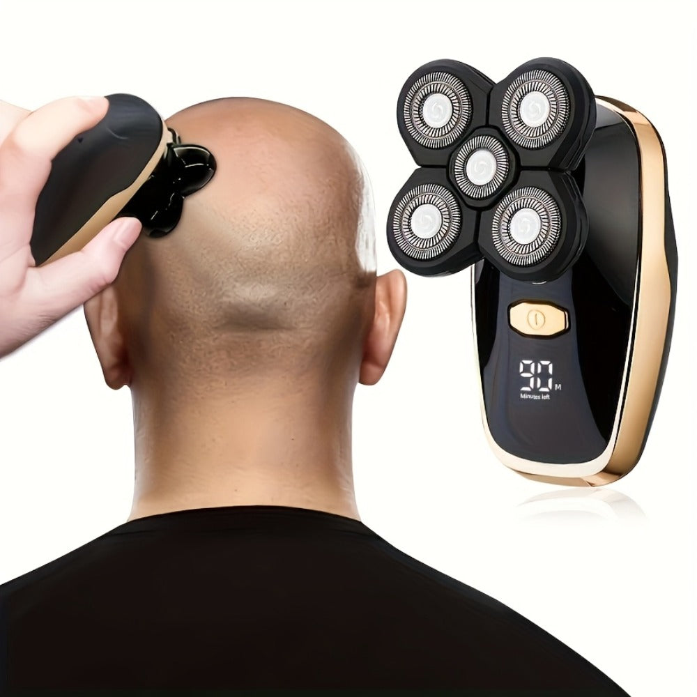 5-in-1 Electric Shaver Kit for Men — Wet/Dry Rotary Shaver, Bald Head, Beard, Nose & Ear Trimmer, Digital Display, Cordless with Travel Bag & Cleaning Brush