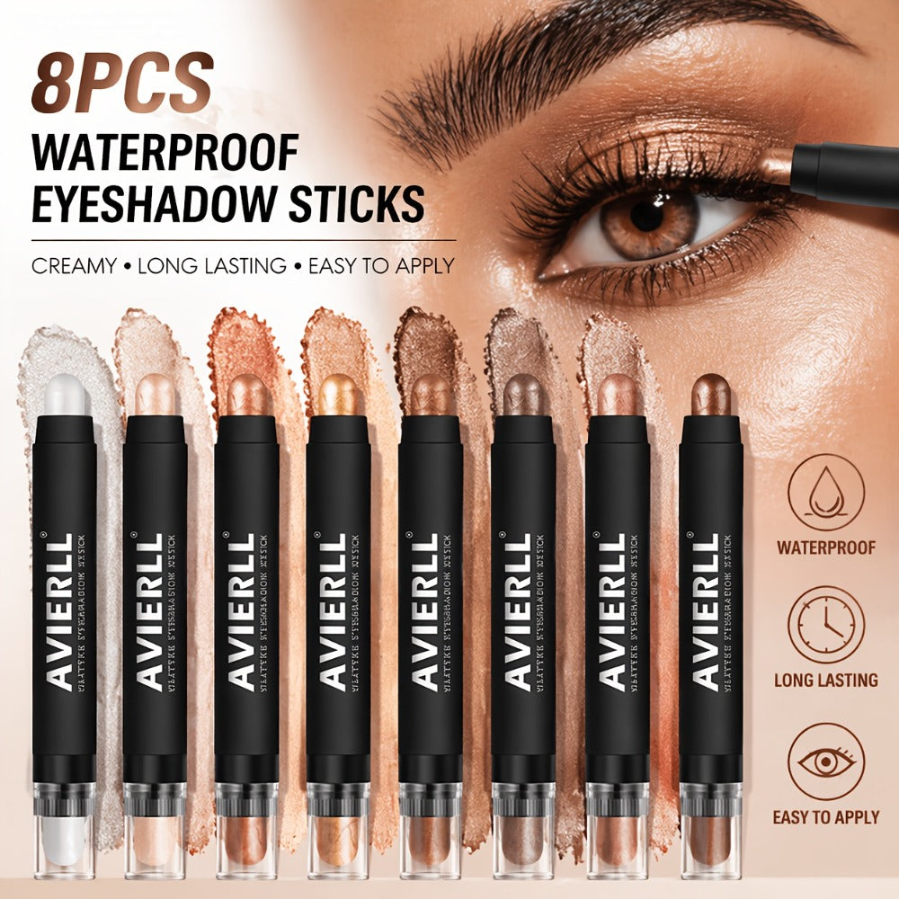 Eyeshadow Stick Set 8PCS Waterproof Long-Lasting - Shimmer, Pearlescent & Matte Eye Shadow Pencil for Smoky, Natural & Glitter Looks, Blendable Creamy Formula, Gift for Her
