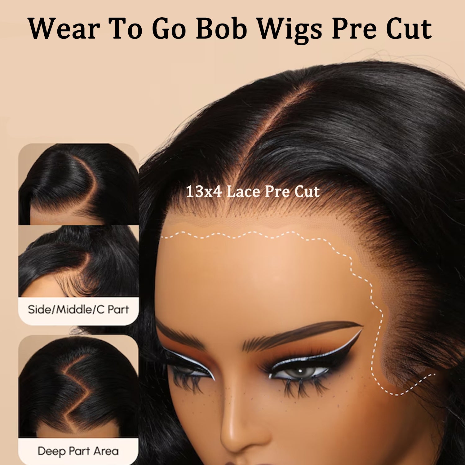 Tewig Bye Bye Knots13x4 Pre Cut Lace Bouncy Deep Wave Glueless Bob Wig 200% Density Wear and Go Glueless Wigs Human Hair Pre Plucked Pre Cut Bob Wigs for Black Women Body Wave Lace Front Wigs Upgraded No Glue