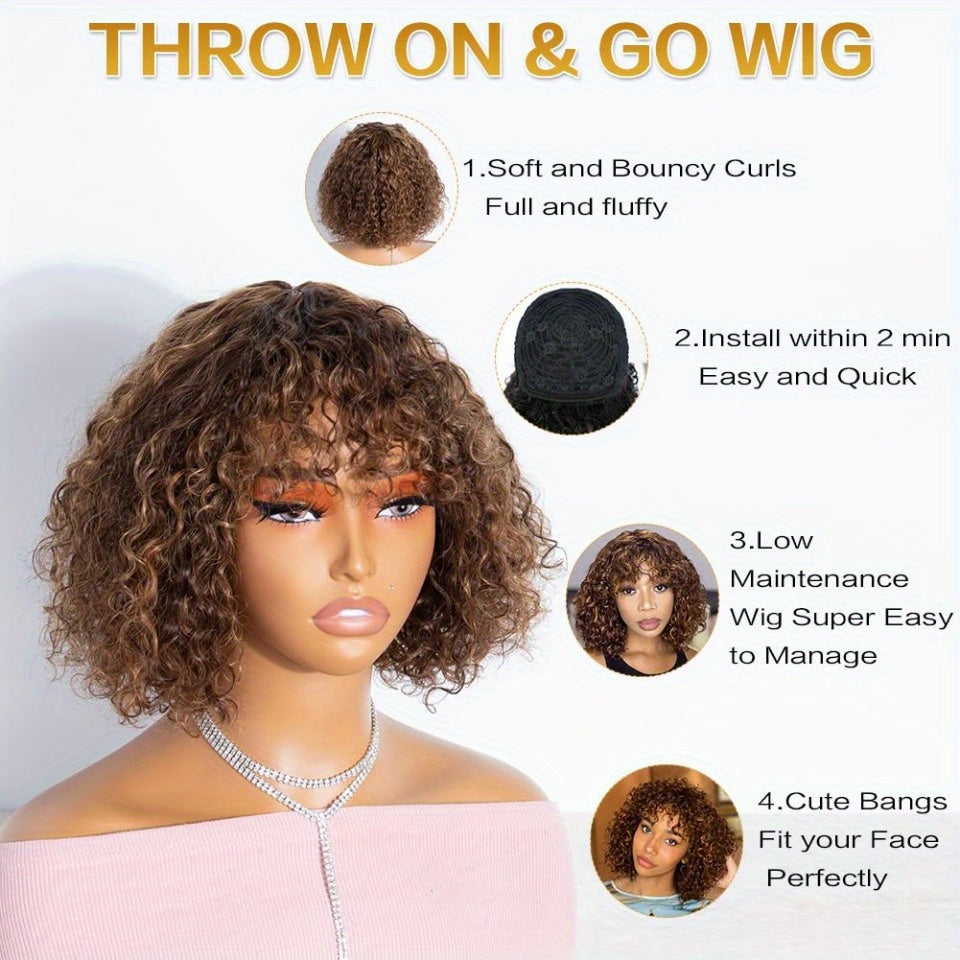 Ombre Brown 10 Inch Short Curly Bob Wig with Bangs Human Hair for Water Wave Bob Wig 150% Density Glueless Wig (Color: TT1B/ 33)