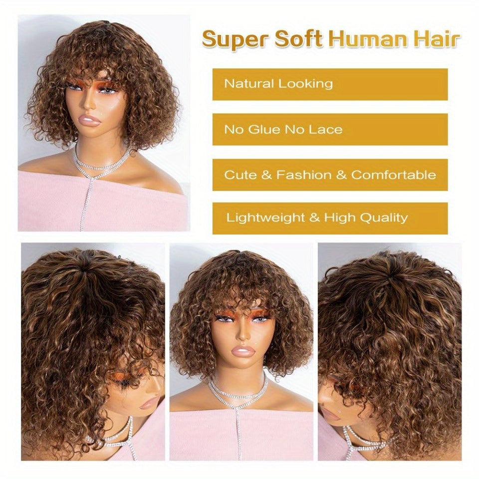 Ombre Brown 10 Inch Short Curly Bob Wig with Bangs Human Hair for Water Wave Bob Wig 150% Density Glueless Wig (Color: TT1B/ 33)