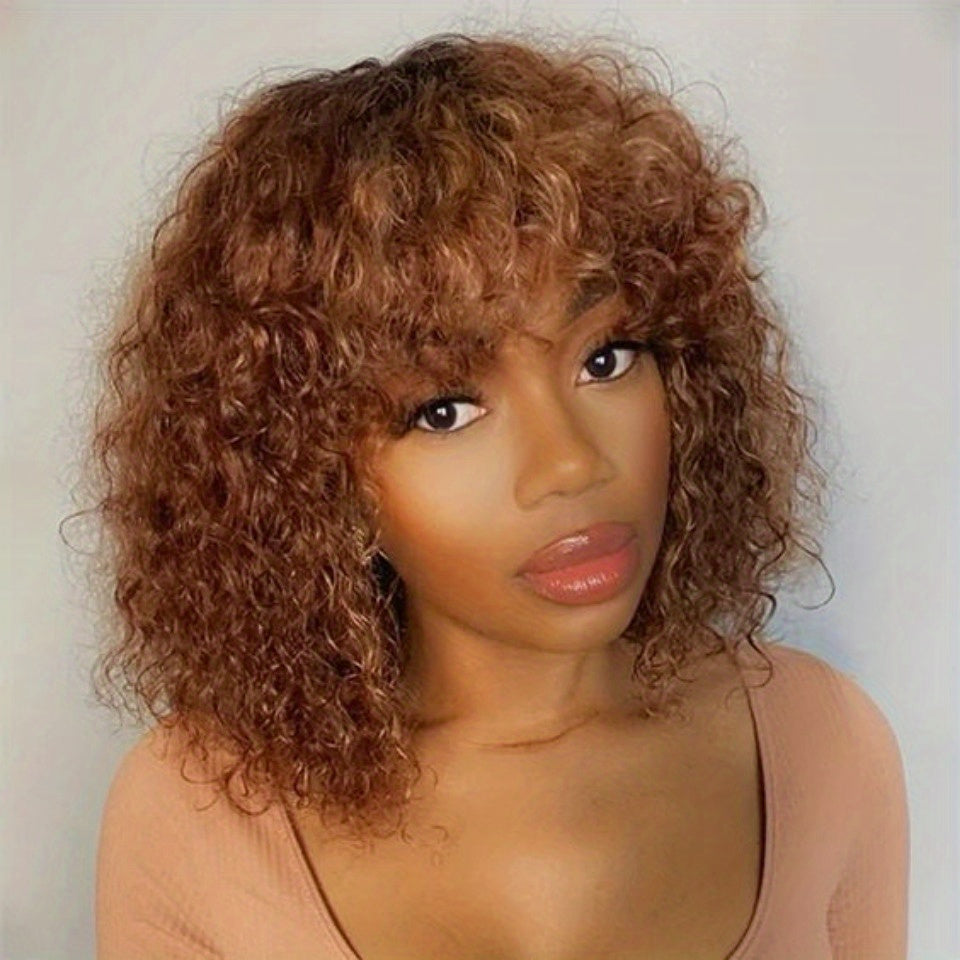 Ombre Brown 10 Inch Short Curly Bob Wig with Bangs Human Hair for Water Wave Bob Wig 150% Density Glueless Wig (Color: TT1B/ 33)