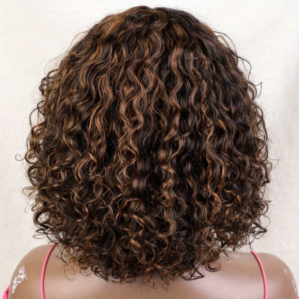 Ombre Brown 10 Inch Short Curly Bob Wig with Bangs Human Hair for Water Wave Bob Wig 150% Density Glueless Wig (Color: TT1B/ 33)