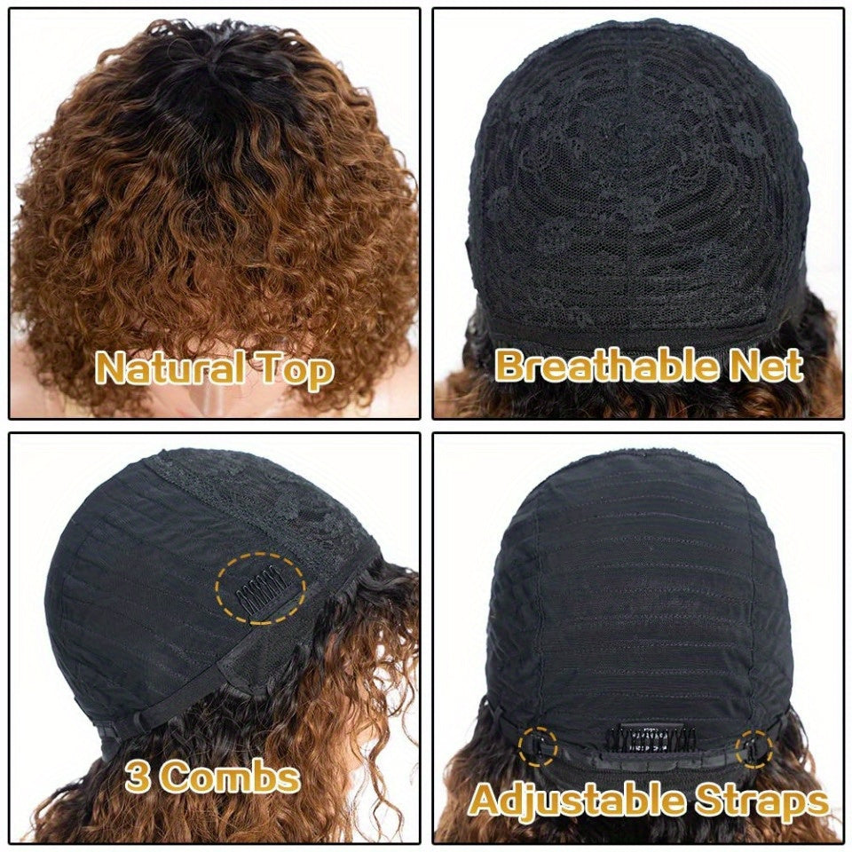 Ombre Brown 10 Inch Short Curly Bob Wig with Bangs Human Hair for Water Wave Bob Wig 150% Density Glueless Wig (Color: TT1B/ 33)