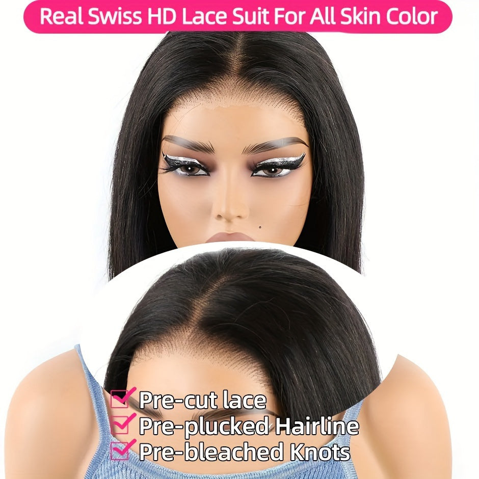 Glueless Wig with 250% Density Human Hair & 4x4 HD Lace Closure/HD Lace Front - Pre Plucked Pre Cut Straight Bob Wigs for Women Suitable for Beginners, Hairline & Scalp Coverage, No Glue Needed