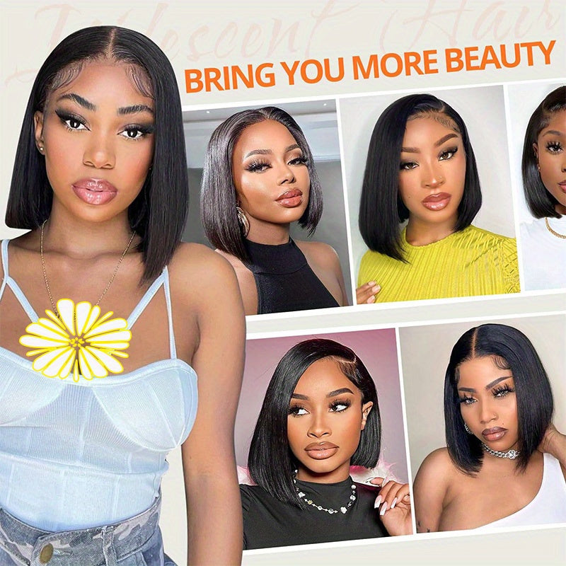 Glueless Wig with 250% Density Human Hair & 4x4 HD Lace Closure/HD Lace Front - Pre Plucked Pre Cut Straight Bob Wigs for Women Suitable for Beginners, Hairline & Scalp Coverage, No Glue Needed