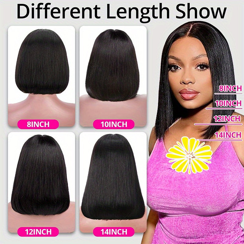 Glueless Wig with 250% Density Human Hair & 4x4 HD Lace Closure/HD Lace Front - Pre Plucked Pre Cut Straight Bob Wigs for Women Suitable for Beginners, Hairline & Scalp Coverage, No Glue Needed