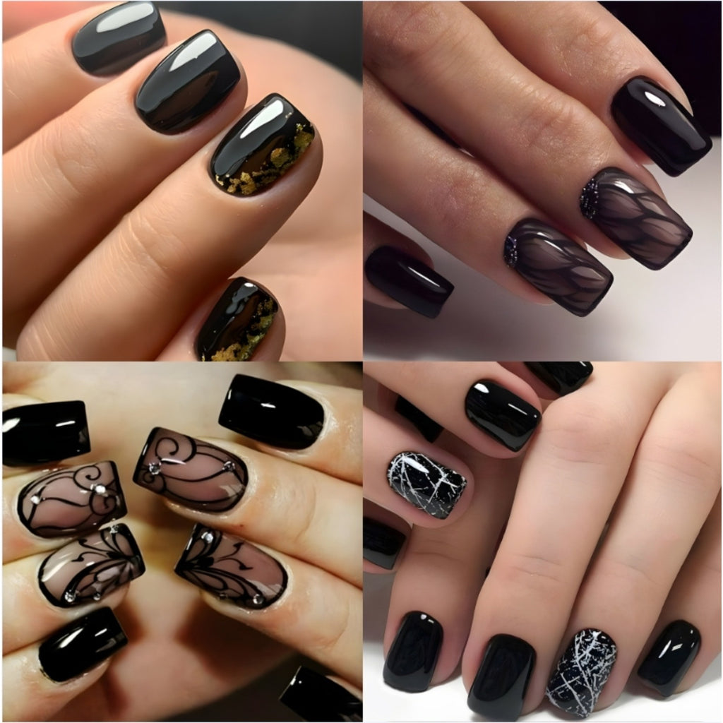 96 Pcs Black Press on Nails Short Square - Cute Summer Fake Nails Glossy False Nails Press ons Full Cover Nail Tips with Ice Cracks Design Acrylic Nail Kit Stick on Nails for Women