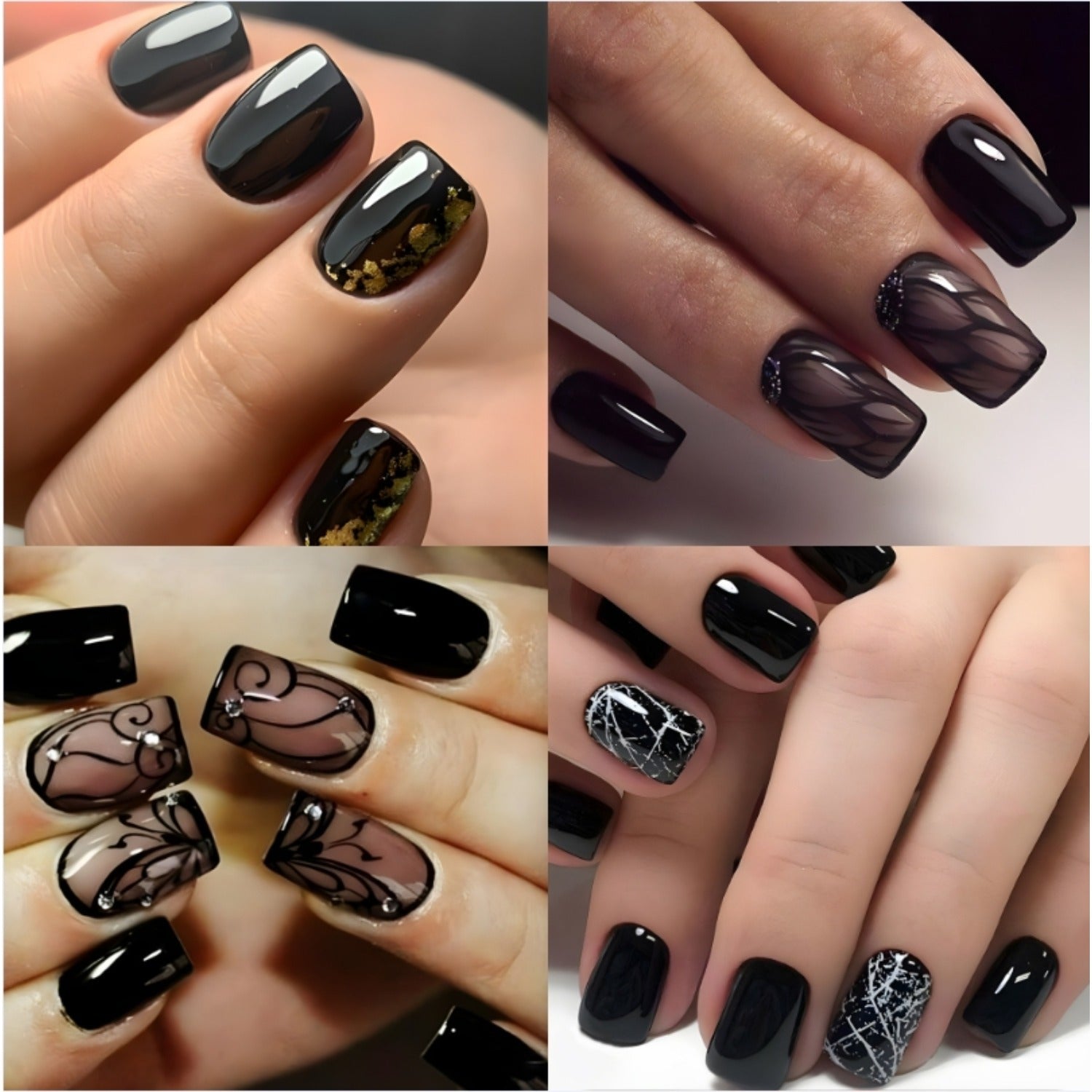 96 Pcs Black Press on Nails Short Square - Cute Summer Fake Nails Glossy False Nails Press ons Full Cover Nail Tips with Ice Cracks Design Acrylic Nail Kit Stick on Nails for Women