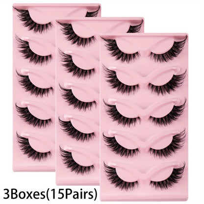 Cat Eye False Eyelashes 15 Pairs 3 Boxes — Natural Long Manga Lashes with Winged Tips for Elongated Eye Look, Wispy Strip Lashes for Dramatic Eye Makeup, Party & Everyday Wear