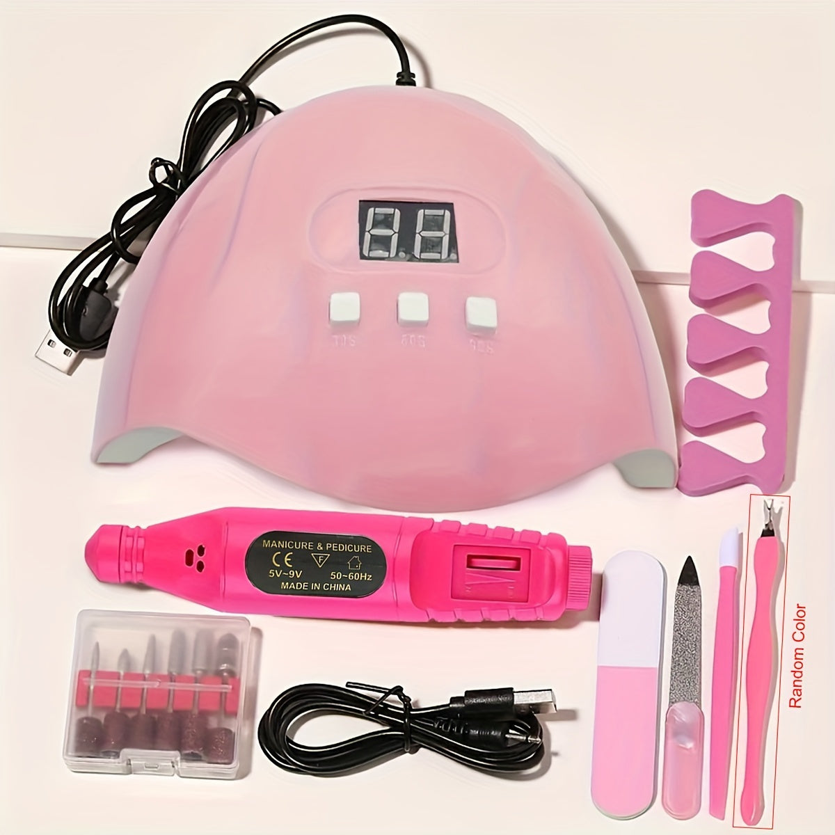 7-In-1 Nail Art Tool Set with Nail Lamp, Glue Drying Machine, Nail Polisher, Dead Skin Fork, Dead Skin Push, Finger Divider - Stainless Steel Kit for Professional Nail Artists