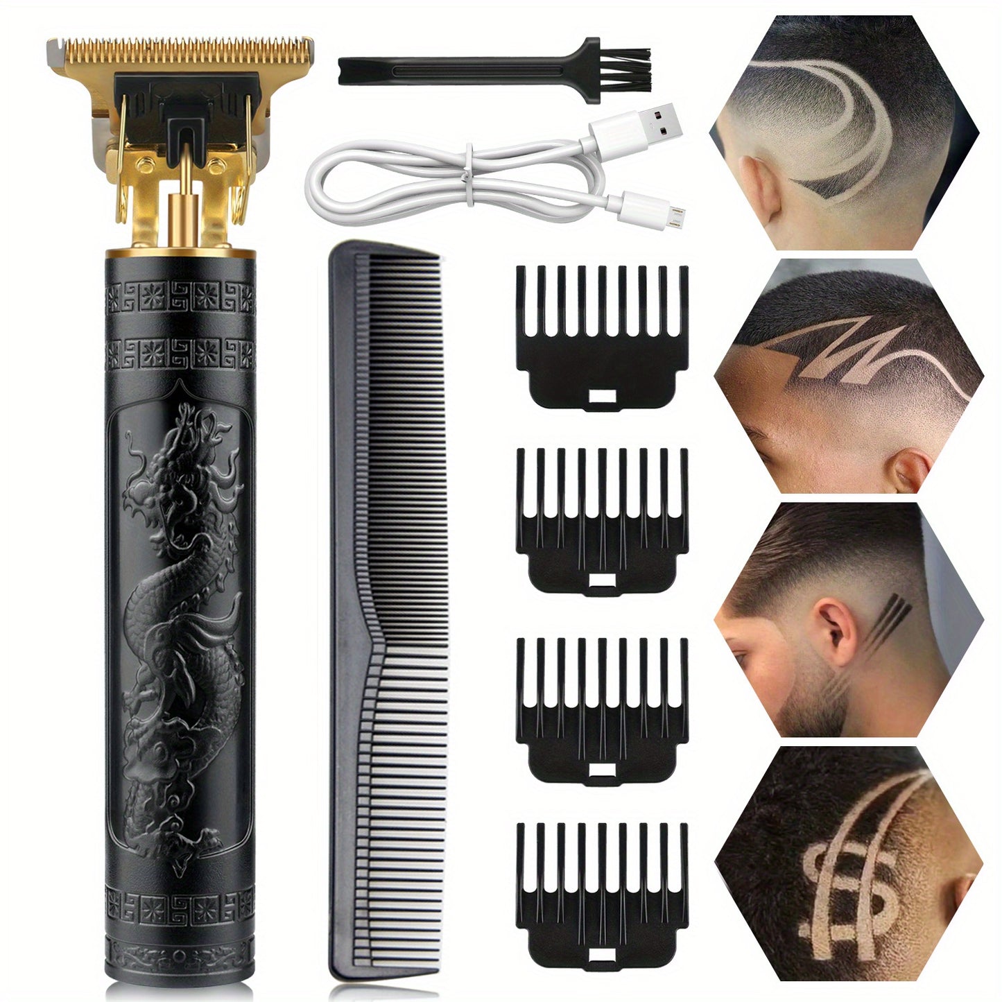 Electric Hair Trimmer for Men - Retro T-Blade Clipper, USB Rechargeable 1000mAh, 4 Guide Combs, 240-Min Runtime, Dragon & Buddha Designs, Black Bronze Blue Purple