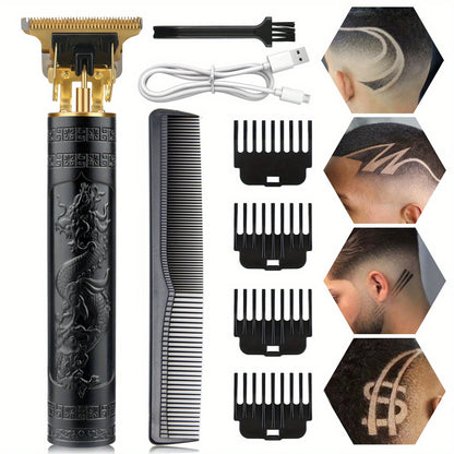 Electric Hair Trimmer for Men - Retro T-Blade Clipper, USB Rechargeable 1000mAh, 4 Guide Combs, 240-Min Runtime, Dragon & Buddha Designs, Black Bronze Blue Purple