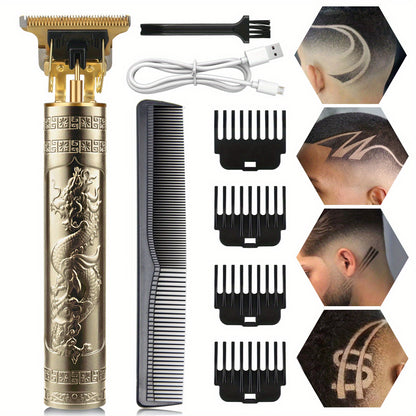 Electric Hair Trimmer for Men - Retro T-Blade Clipper, USB Rechargeable 1000mAh, 4 Guide Combs, 240-Min Runtime, Dragon & Buddha Designs, Black Bronze Blue Purple