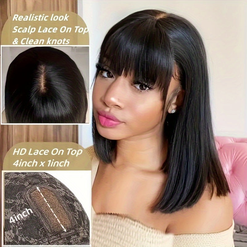 Glueless Brazilian Remy Human Hair Wig - Natural Color Short Bob with Bangs, 4x1 HD Lace Front, 180% Density Straight Put On Go Wig for Women Suitable for Skin Tones & Daily Wear