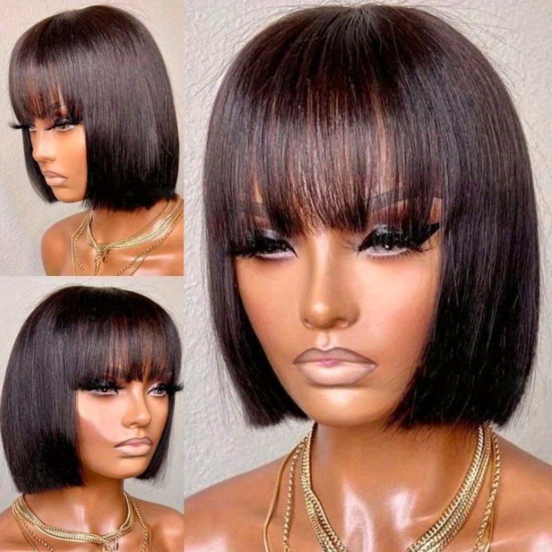 Glueless Brazilian Remy Human Hair Wig - Natural Color Short Bob with Bangs, 4x1 HD Lace Front, 180% Density Straight Put On Go Wig for Women Suitable for Skin Tones & Daily Wear