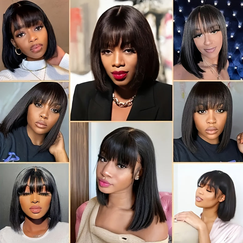 Glueless Brazilian Remy Human Hair Wig - Natural Color Short Bob with Bangs, 4x1 HD Lace Front, 180% Density Straight Put On Go Wig for Women Suitable for Skin Tones & Daily Wear