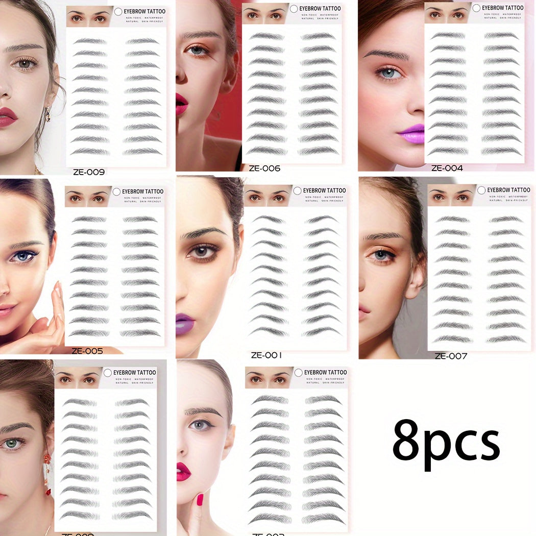 8 Waterproof And Sweat-Proof 6D Black Eyebrow Temporary Tattoo Stickers - Natural Look, Quick Application, One-Time Use, Halloween Magic Trick Or Treat Ideal Choice for Ladies And Girls, Eyebrow Tattoo Waterproof