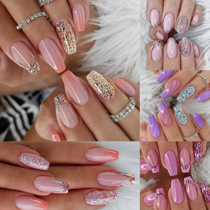 5pcs 120pcs Sparkling Glitter Coffin Nails - Medium Length with Sequins Designs Durable Glossy Pinkish Purple Acrylic - Full Cover False Nails for Women-Easy Press-On, Secure Glue-On,  Nail Art, Press On Manicure, Beauty Lovers