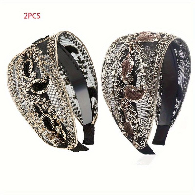 2pcs Elegant Lace Embroidered Sequin Flower Headbands - Wide, Non-Slip Hair Hoops for Women | Perfect for Spring & Summer | Chic Retro Style | Ideal Gift