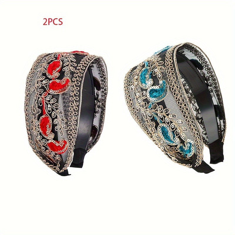 Wide Headbands for Women 2pcs Lace Embroidered Sequin Flower Hair Hoops Non-Slip Retro Chic Hair Band for Daily Wear Spring Summer Styling Elegant Gift Set 2 Colors