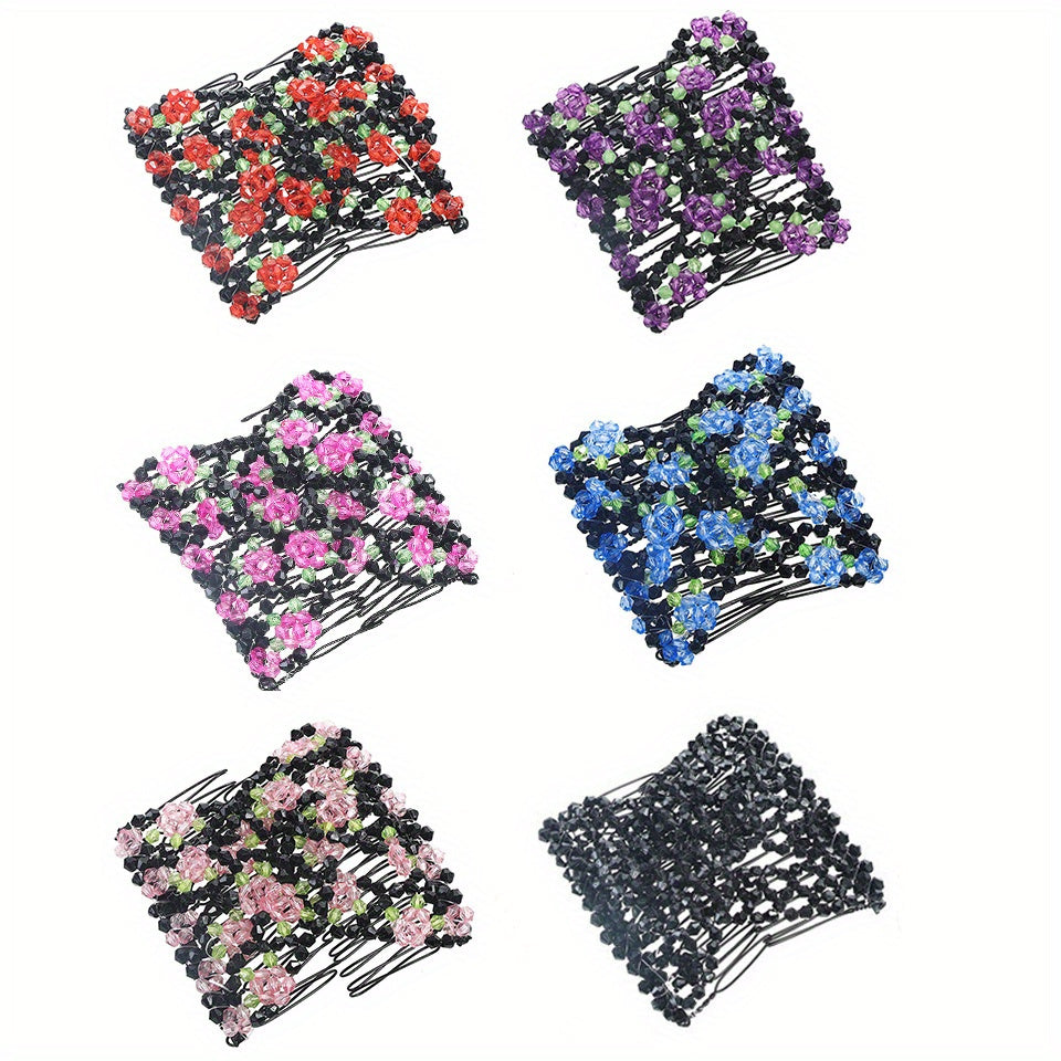 6pcs Multi Piece Set with Versatile Magic, Durable Imitation Flower Beaded Hair Accessories, Hair Combs And Hairpins, Multi Functional Ball Head Disc Hair Device, Elegant Versatile Double Row Comb Set, Suitable for Daily Life