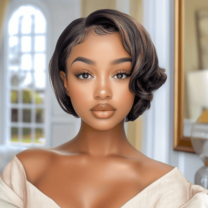 Body Wave Bob Wig Human Hair 4x1 Lace Frontal Glueless Pre Cut 6 Inch Highlight Brown Lace Front Wig for Women Beginner Friendly