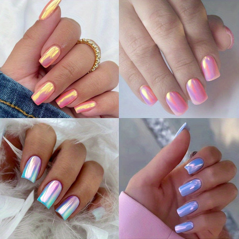 96pcs (4 Pack) Pink Chrome Press-On Nails Kit - Short Square Personalized Acrylic Nails for Women - Summer Dating