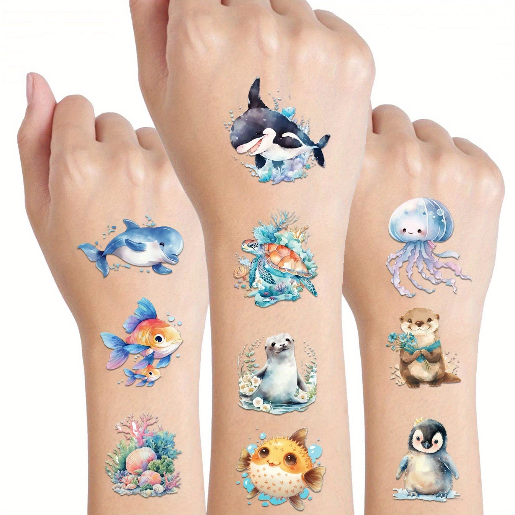 12 Sheets 48 Designs Temporary Tattoo Stickers - Cute Ocean Animals & Underwater World Cartoon Designs, Vibrant High Quality Body Art for & Adults, Birthday Party Supplies, Summer Beach Festivals, Marine Life Theme Events, Birthday Tattoos | Cute Sea Crea