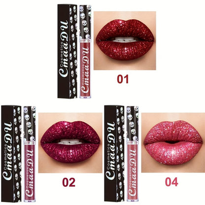 Shimmer Lip Gloss Set 3pcs Skull Design Long Lasting Liquid Lipstick Easy to Remove - Shiny Glitter Lip Color for Music Festival Rave Party Gift for Women