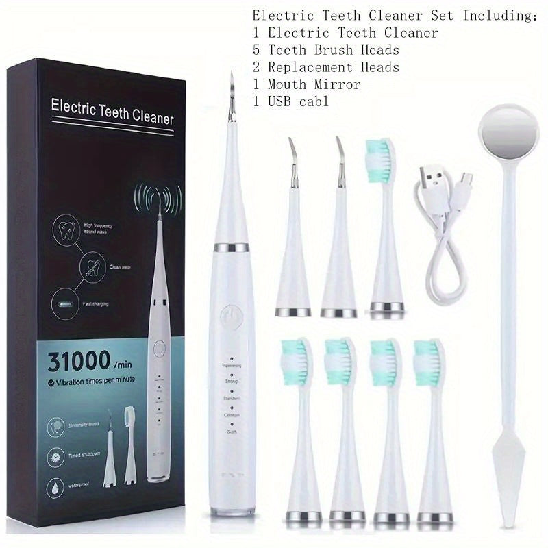 Electric Teeth Cleaner Kit USB Rechargeable 5 Cleaning Modes Dental Scaler Plaque Tartar Remover Gum Health Tool Holiday Gift Set for Family Friends Adults Black White Green
