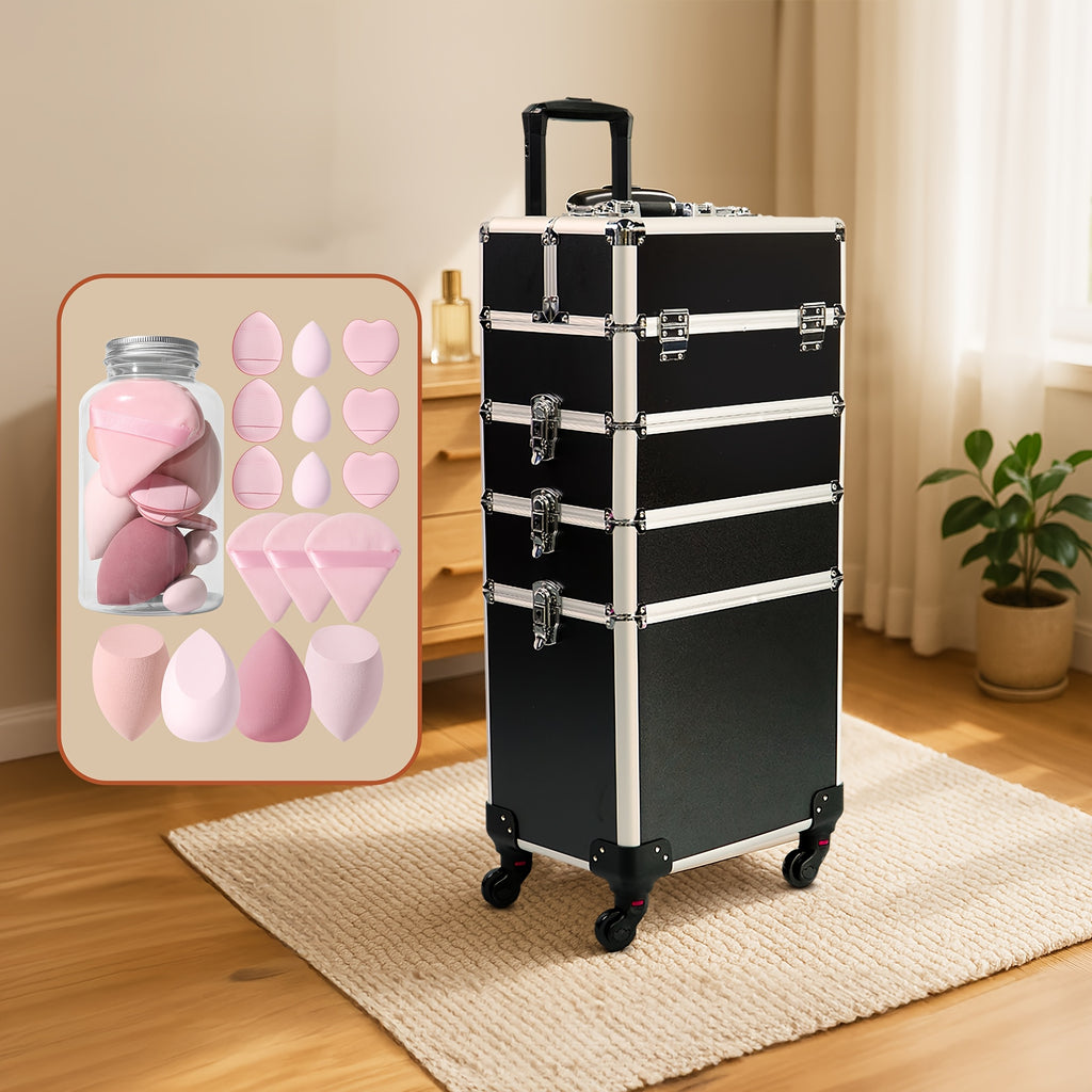 Black 4-In-1 Rolling Makeup Train Case with Makeup Sponges Set, Portable Cosmetic Trolley with Ample Storage for Professionals, Features 360° Swivel Wheels, Ideal for Salon And Travel Use