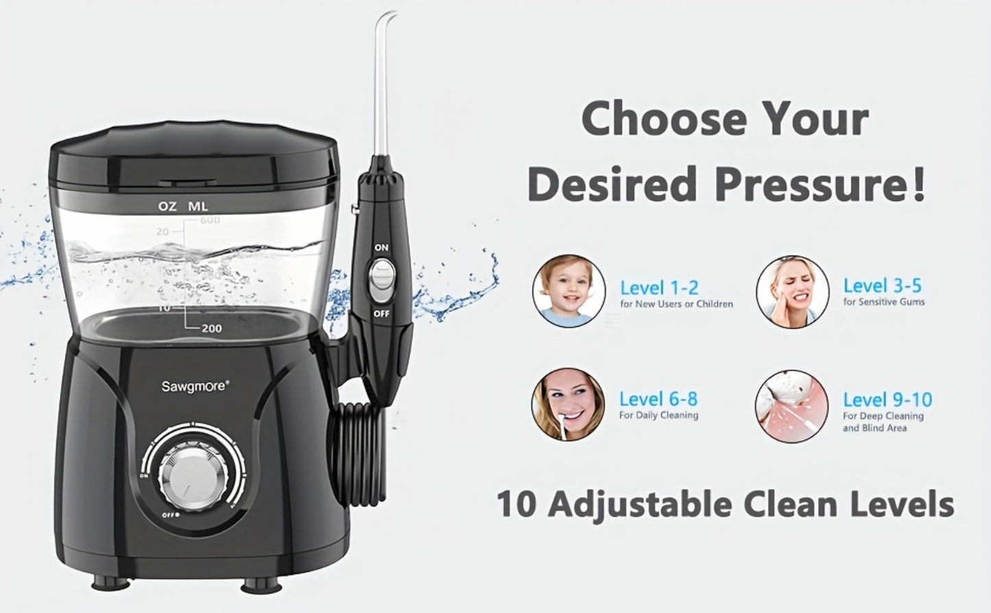 Water Flosser for Teeth & Braces 600ml Large Tank 10 Adjustable Pressure Levels 8 Nozzles IPX4 Waterproof Professional Oral Irrigator Desktop Electric Dental Flosser for Adults Family Use