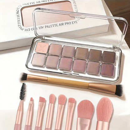 Eyeshadow Palette 12 Colors with Brush – 2-in-1 Eyeshadow & Blush, Shimmer Glitter & Matte Shades, Waterproof Long-Lasting Formula, Travel Size, Beginner-Friendly Eye Makeup Set