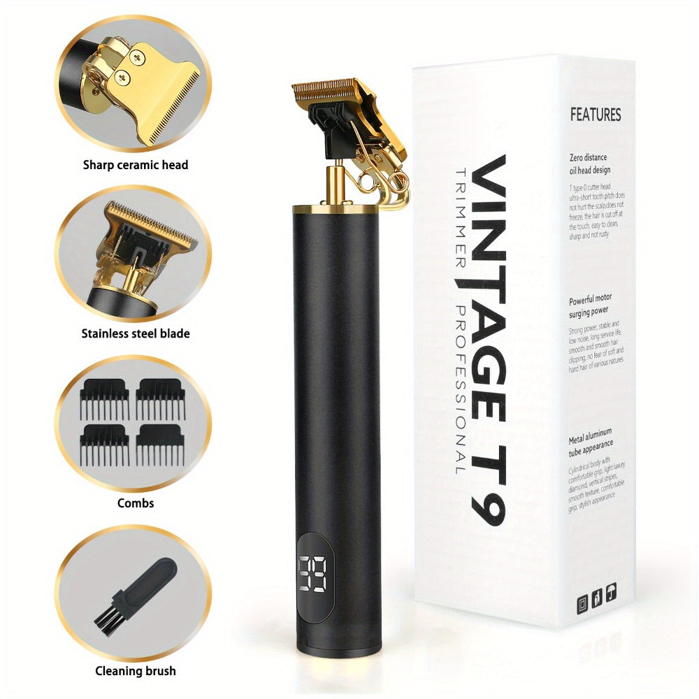 T-Blade Hair Trimmer for Men — Cordless Rechargeable Hair Clipper with LED Display, Nano Titanium Alloy Blades, 4 Guide Combs | Pro Electric Outline Trimmer Black & Gold