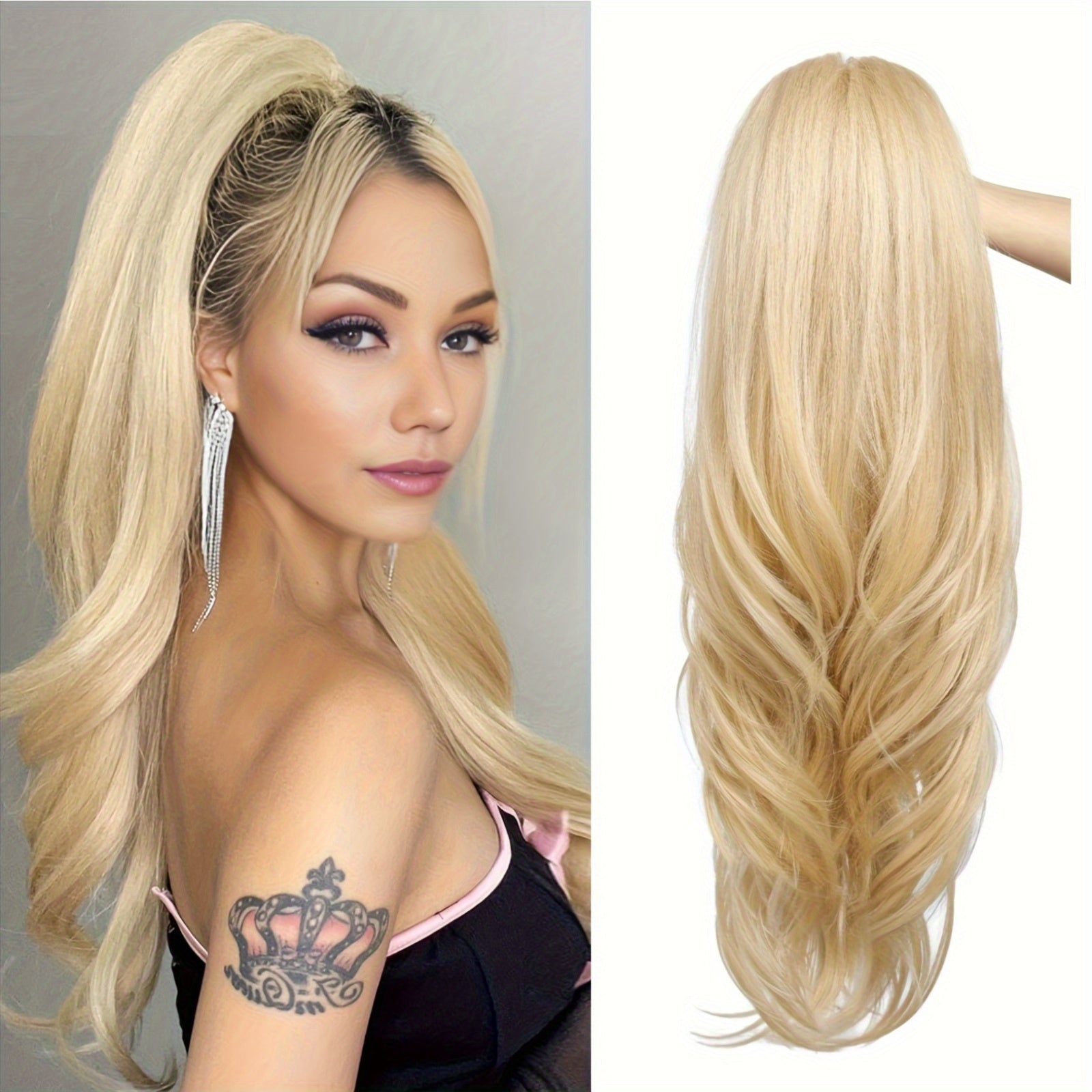 [Synthetic Ponytail Extensions] Drawstring Ponytail Blonde Synthetic Pony Tails Hair Clip In Ponytail Hair Extensions Black Ponytail Extension, Drawstring Ponytail For Women Layered Long Wavy Pony Tails Hair Extensions, Synthetic Hair Extensions Ponytail