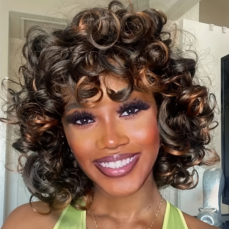 Short Afro Wig with Bangs for 14'' - Kinky Curly Synthetic Hair Wig Suitable for African, Ombre 2-Tone Black/Brown Highlights, Natural Volume & Daily Wear Hair Replacement Wigs