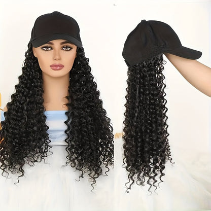 Baseball Cap Wig Afro Kinky Curly Long Synthetic - Adjustable Elastic Net Cap Hat and Wig Combo for Women 18 Inch Multi-Color