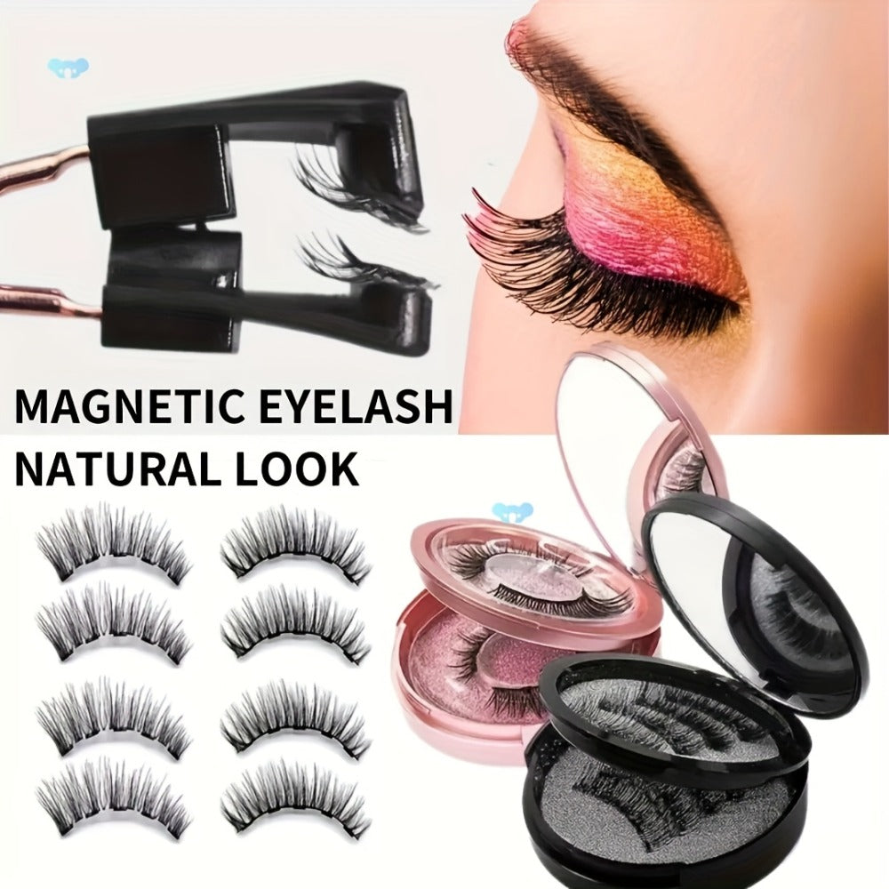 8 Pairs of Natural Glue Free 3D False Eyelashes, No Eyeliner, Reusable Dual Magnetic False Eyelashes Set, with Clip, Reusable, Waterproof, Glue Free, Easy to Wear At Christmas, Ladies Gift
