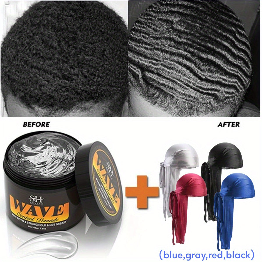 360 Wave Pomade for Men — Strong Hold Hair Styling with Silky Shine & Layered Wave Control, Glycerin Formula, 4-Piece or 5-Piece Set with Silky Durag & Wave Brush, 100g