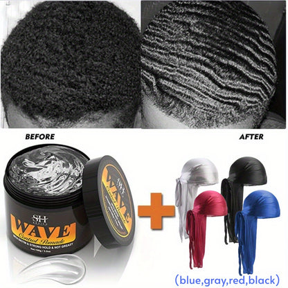 360 Wave Pomade for Men — Strong Hold Hair Styling with Silky Shine & Layered Wave Control, Glycerin Formula, 4-Piece or 5-Piece Set with Silky Durag & Wave Brush, 100g
